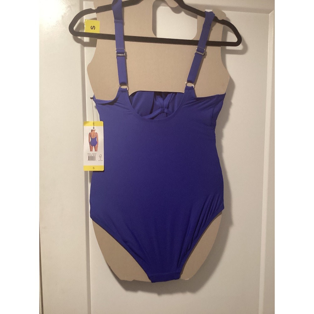 DKNY Womens Ruffle V-Neck Ruched One Piece Swimsuit Blue S 1943727‎ - Picture 2 of 6